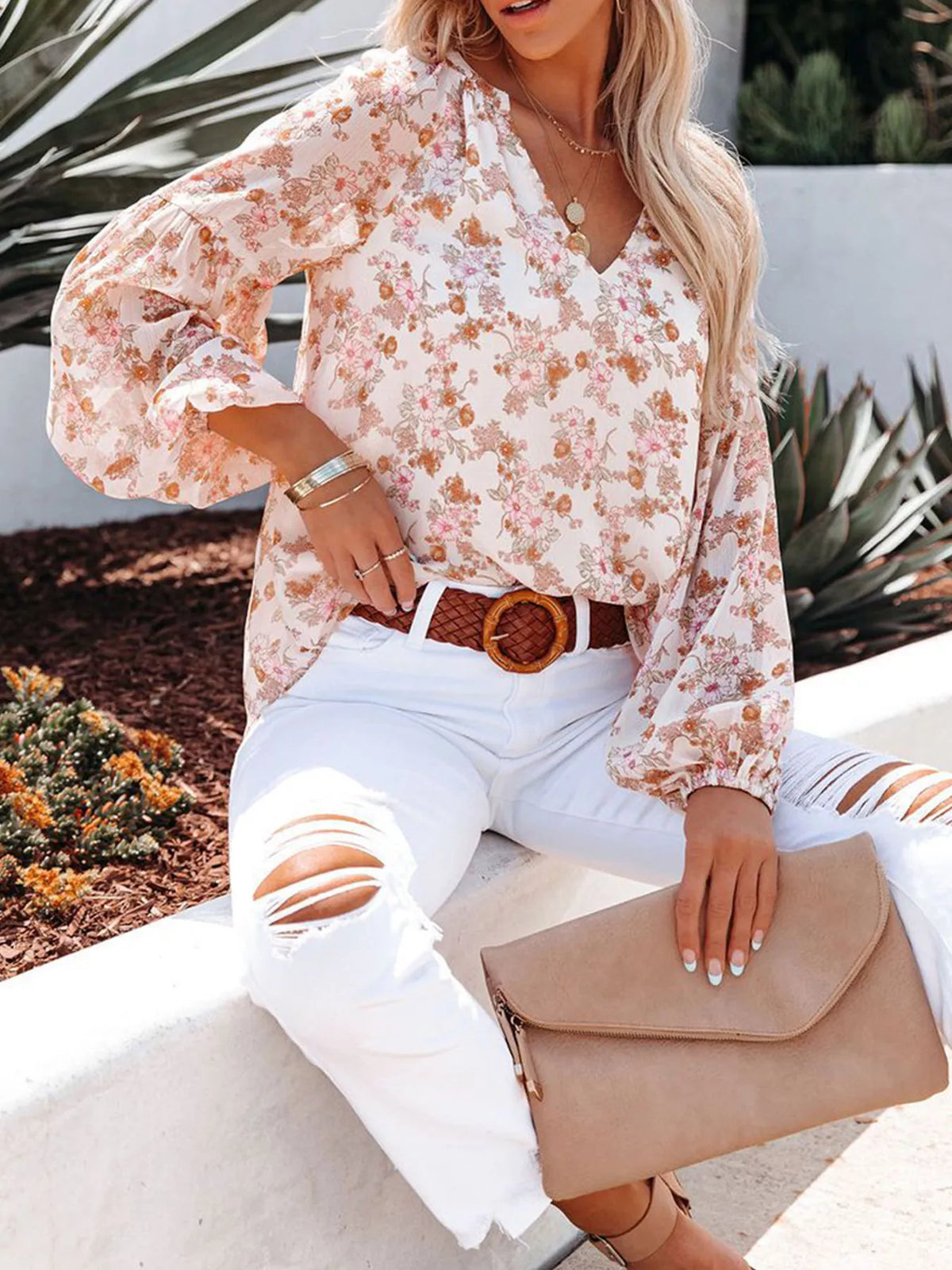 Full Size Floral Print V-neck Long Sleeve Blouse Plus (11)