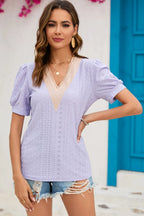 Eyelet V-neck Short Sleeve T-shirt (19)