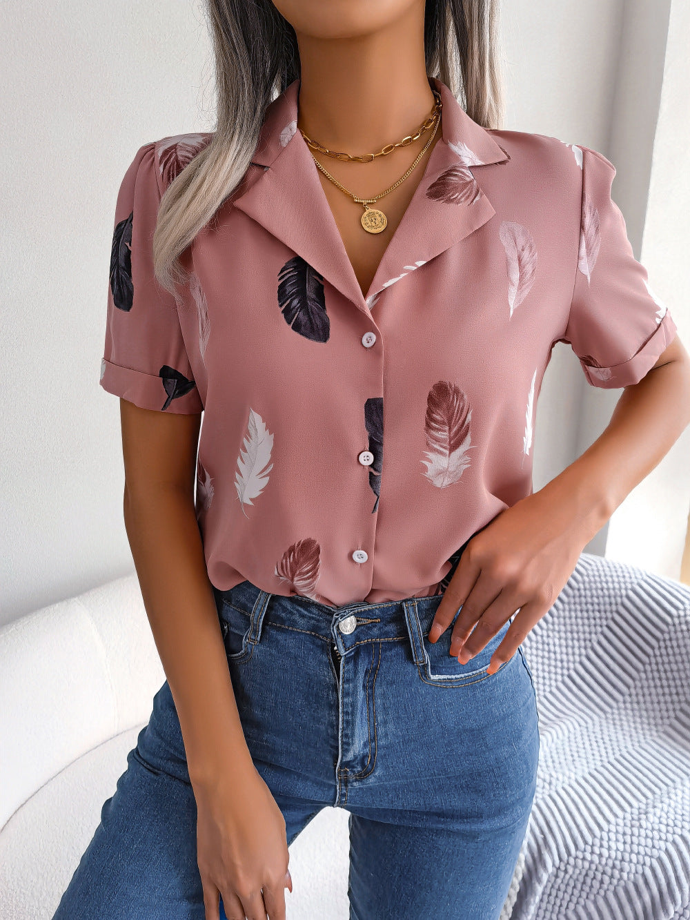 Feather Print Lapel Collar Puff Sleeve Shirt (8)
