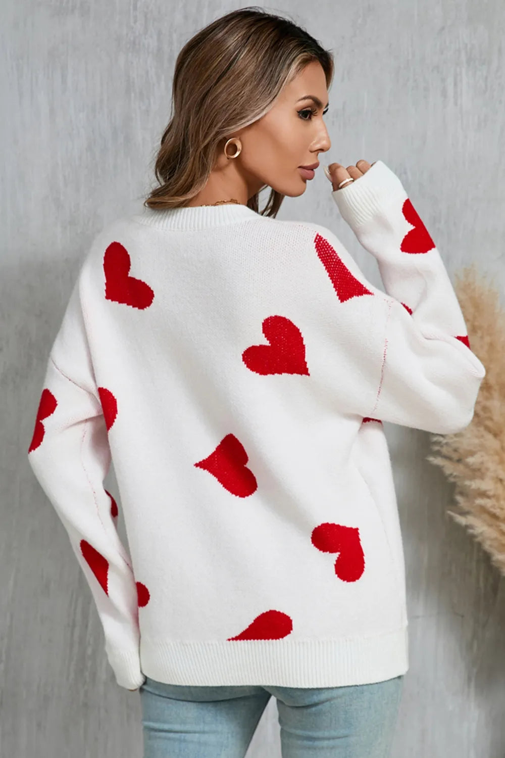 Heart Round Neck Dropped Shoulder Sweater (2)