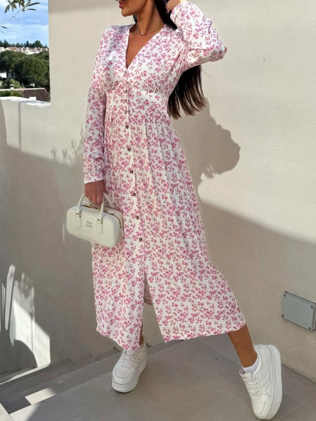 Floral Print Long Sleeve V-neck Dress (10)