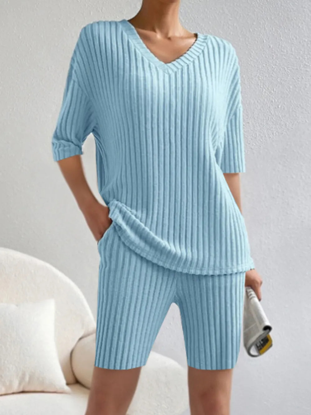 Ribbed V-neck Top Shorts Set (10)
