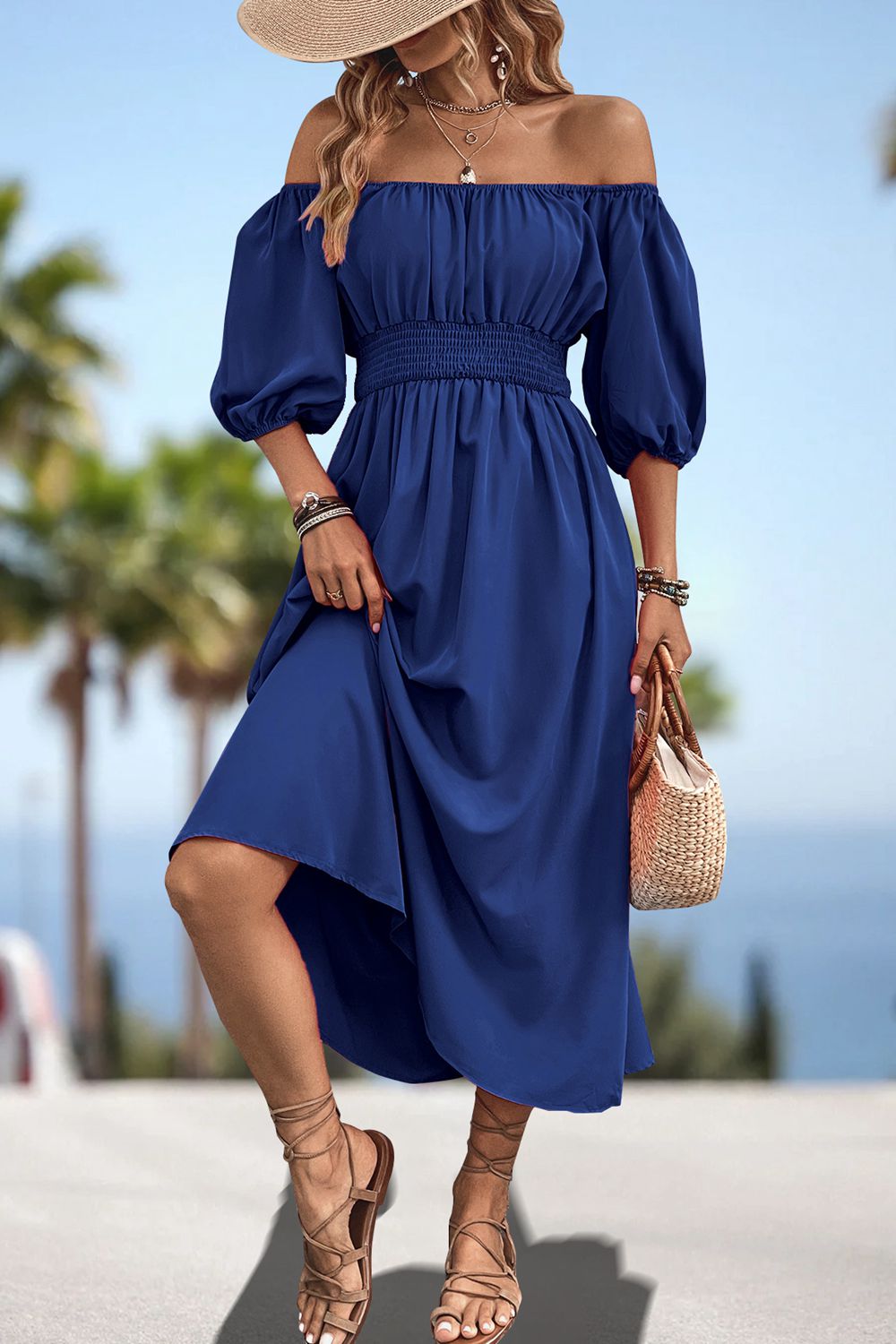Square Neck Smocked Waist Puff Sleeve Midi Dress (11)