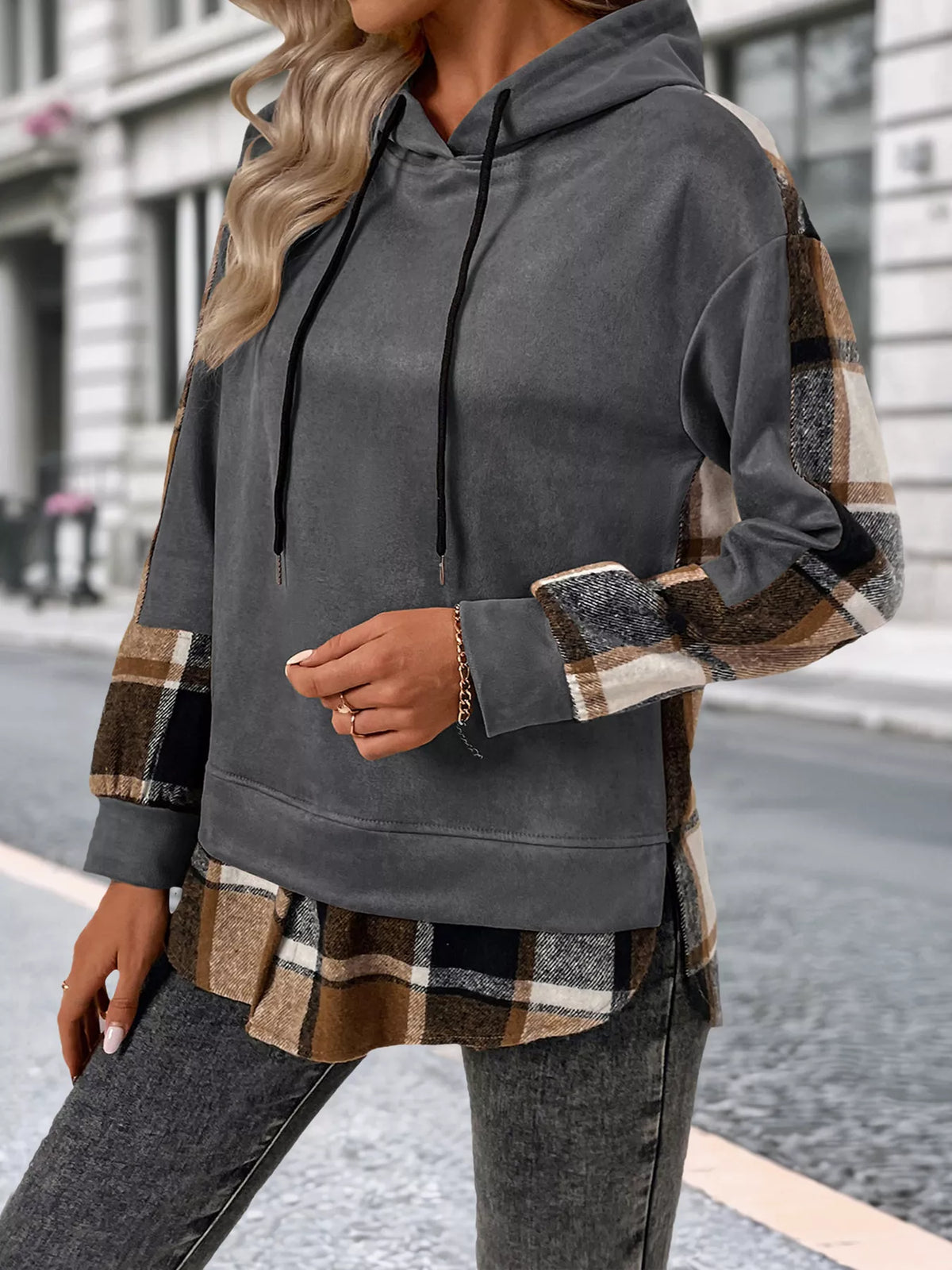 Plaid Drawstring Long Sleeve Hoodie (2)