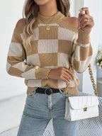 Cold Shoulder Checkered Long Sleeve Sweater (14)