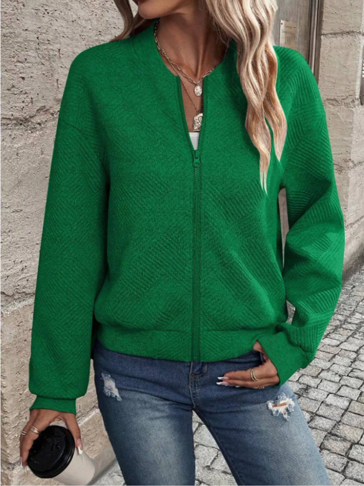 Textured Knit Zip-up Bomber Jacket (11)