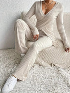 Surplice Long Sleeve Top Pants Set (3)