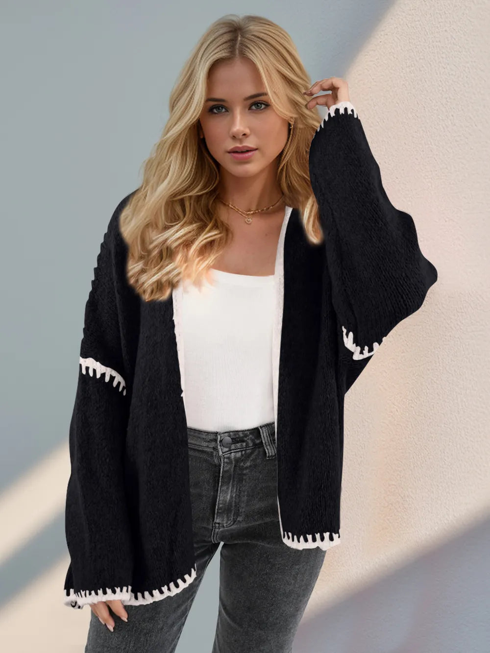 Contrast Open Front Dropped Shoulder Cardigan (14)