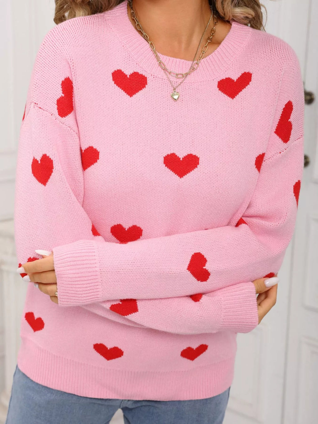 Valentine's Day Heart Pattern Dropped Shoulder Sweater (11)