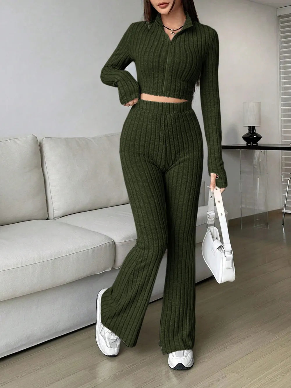Zip Up Long Sleeve Top Pants Set (8)