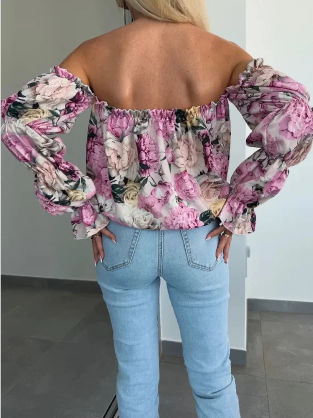 Printed Off-shoulder Flounce Sleeve Blouse (9)