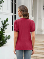 Eyelet Round Neck Short Sleeve Blouse (2)
