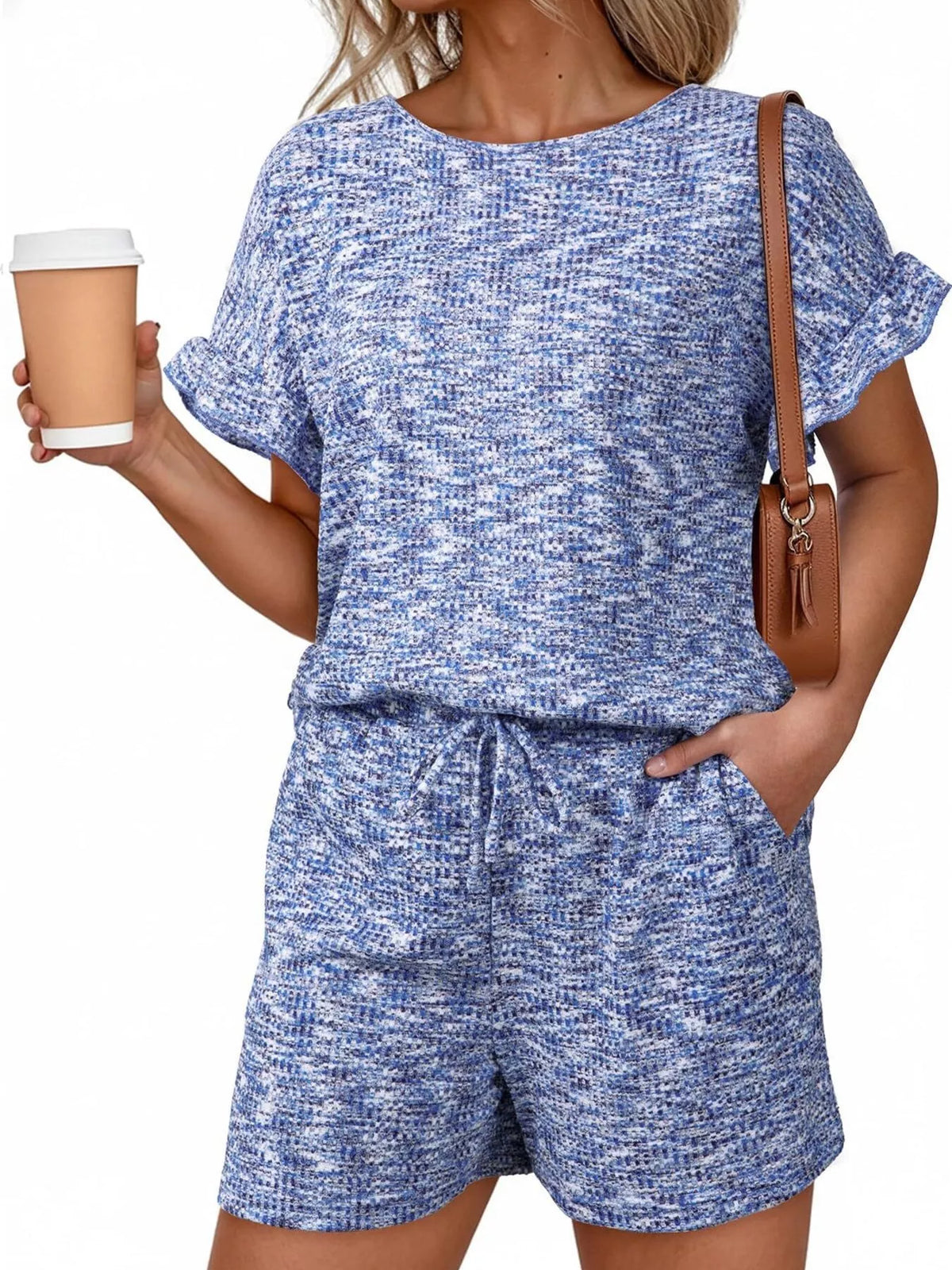 Ruffle Sleeve Textured Top Shorts Set (7)