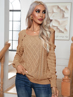 Decorative Button Cold-shoulder Sweater (14)