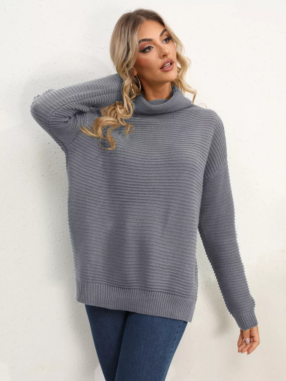 Slit Turtleneck Dropped Shoulder Sweater (23)