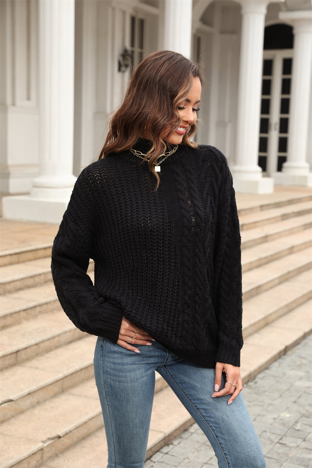 Cable-knit Turtle Neck Long Sleeve Sweater (10)