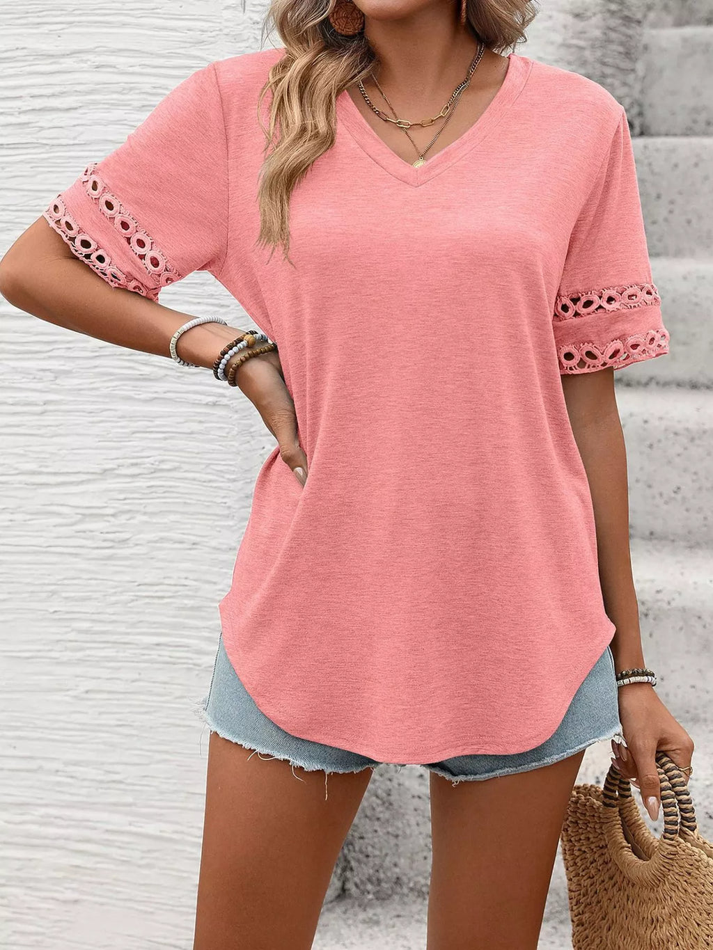 V-neck Hollow-out Sleeve T-shirt (35)