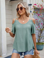 Round Neck Cold Shoulder Eyelet T-shirt