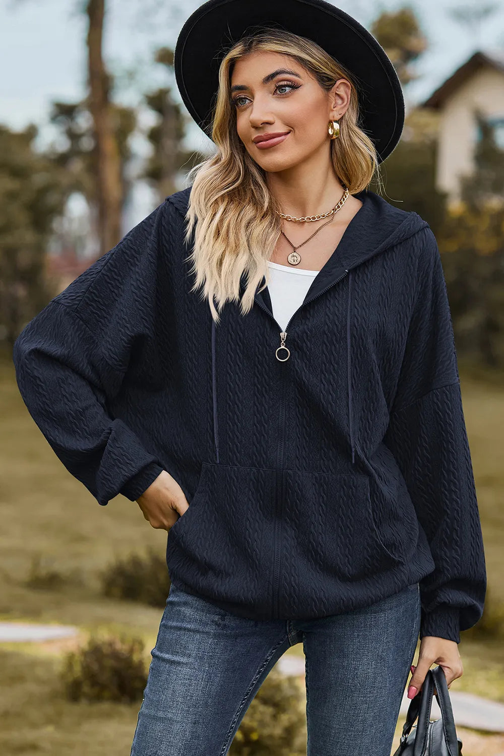 Drawstring Zip Up Dropped Shoulder Hoodie (7)