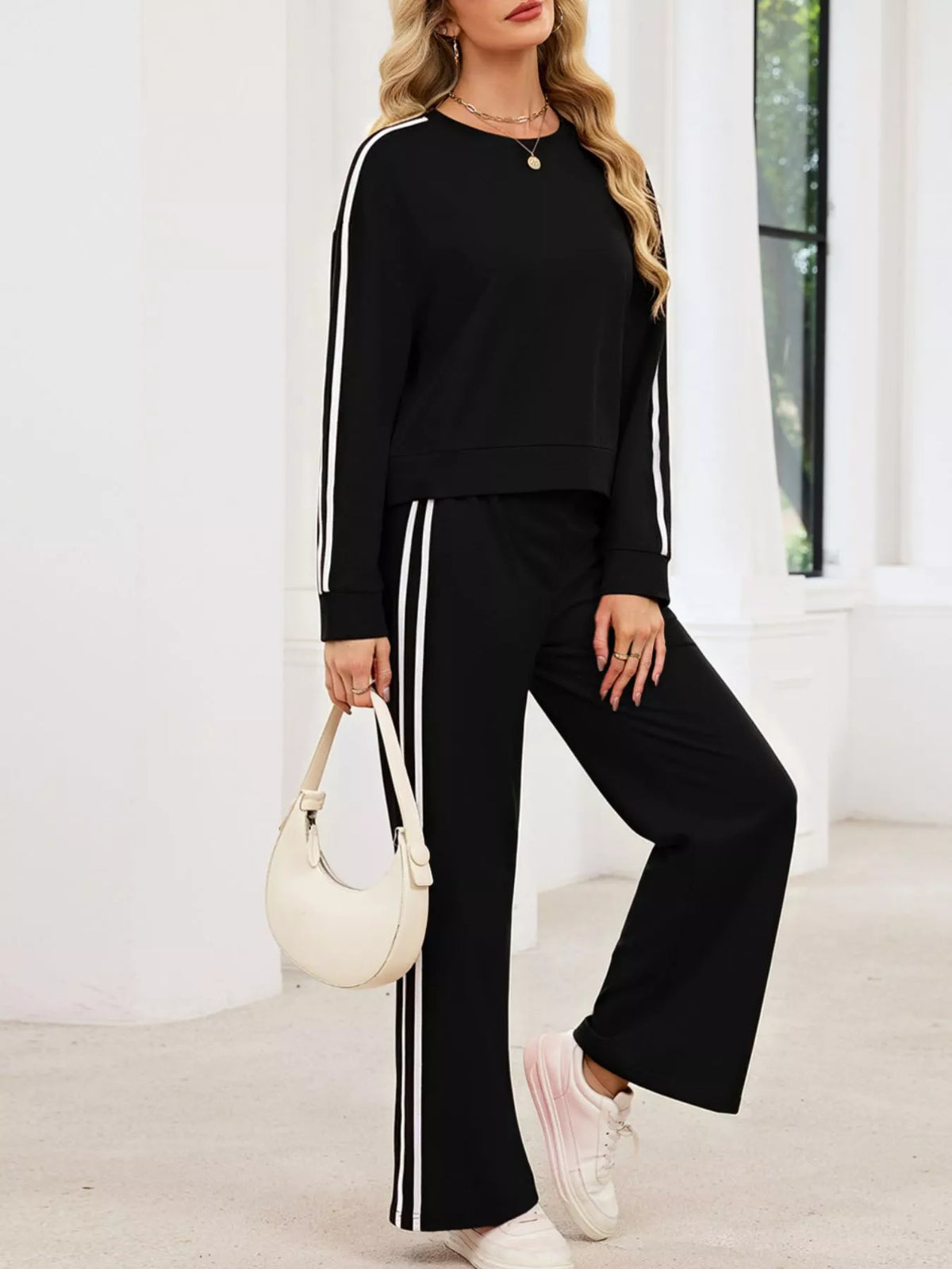 Striped Round Neck Sweatshirt Pants Set (9)
