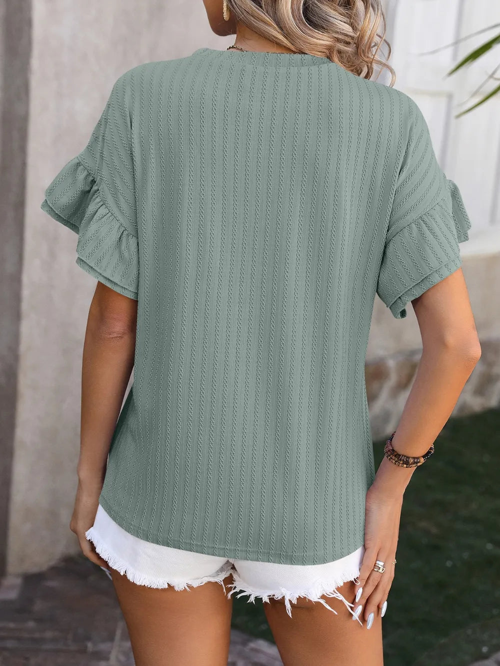 Ruffled Round Neck Short Sleeve Blouse (13)