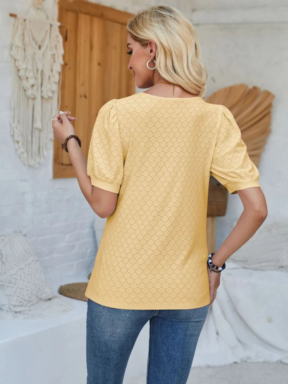 Eyelet Asymmetrical Neck Short Sleeve T-shirt (24)