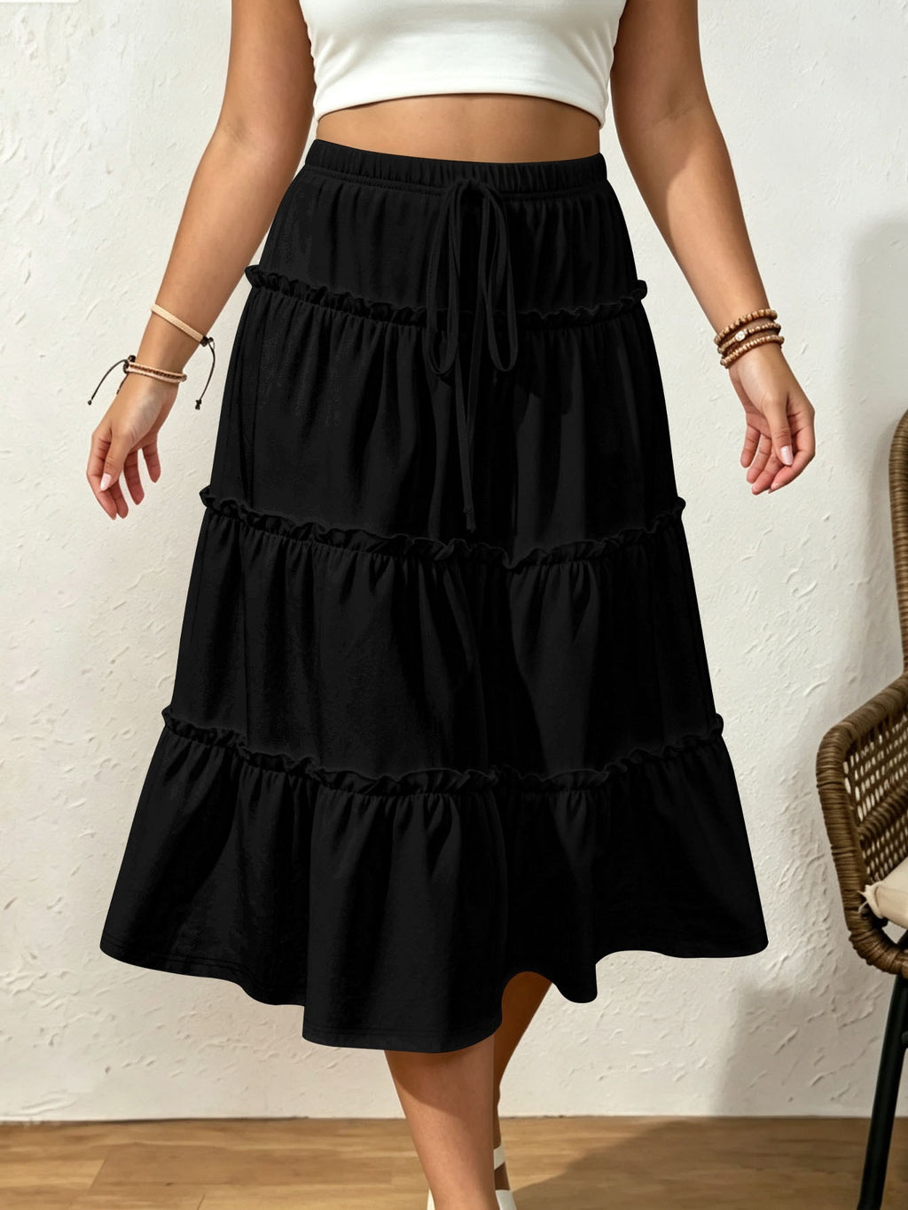 Drawstring Elastic Waist Loose Slimming Midi Tiered Skirt variant CJWS317417801AZ|CJWS317417802BY|CJWS317417803CX|CJWS317417804DW|CJWS317417805EV