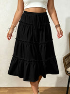 Drawstring Elastic Waist Loose Slimming Midi Tiered Skirt variant CJWS317417801AZ|CJWS317417802BY|CJWS317417803CX|CJWS317417804DW|CJWS317417805EV