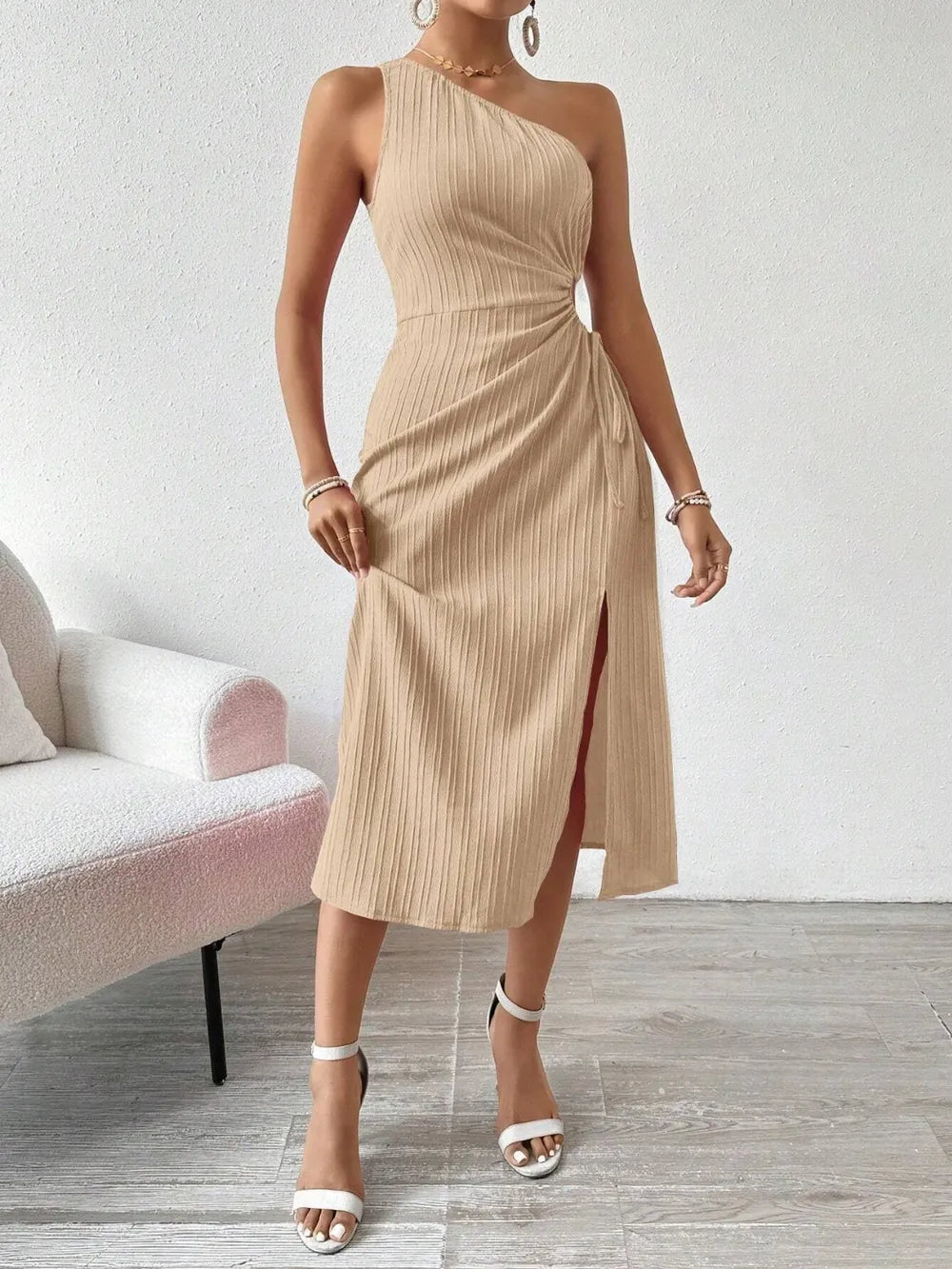 Side Slit Cutout Single Shoulder Dress (9)