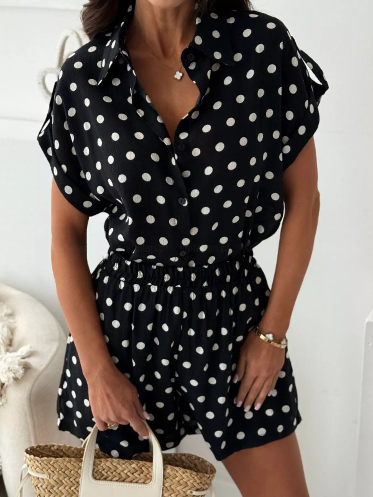 Polka Dot Button Up Shirt Shorts Set (8)