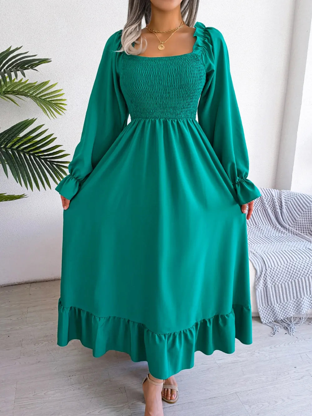 Smocked Square Neck Flounce Sleeve Dress (14)