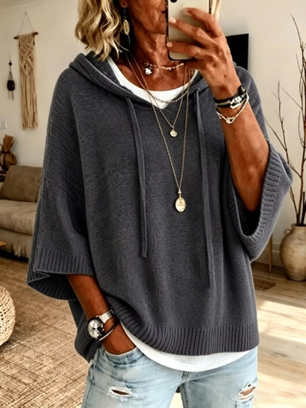 Full Size Casual Hooded Batwing Sleeve Knit Sweater Plus (12)
