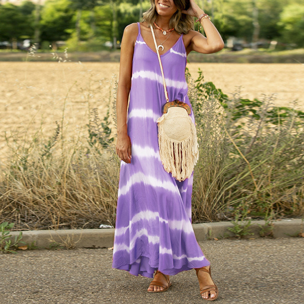 Printed Striped Plus Size Maxi Dress variant CJLY1446673-Purple-S|CJLY1446673-Purple-M|CJLY1446673-Purple-L|CJLY1446673-Purple-XL|CJLY1446673-Purple-XXL