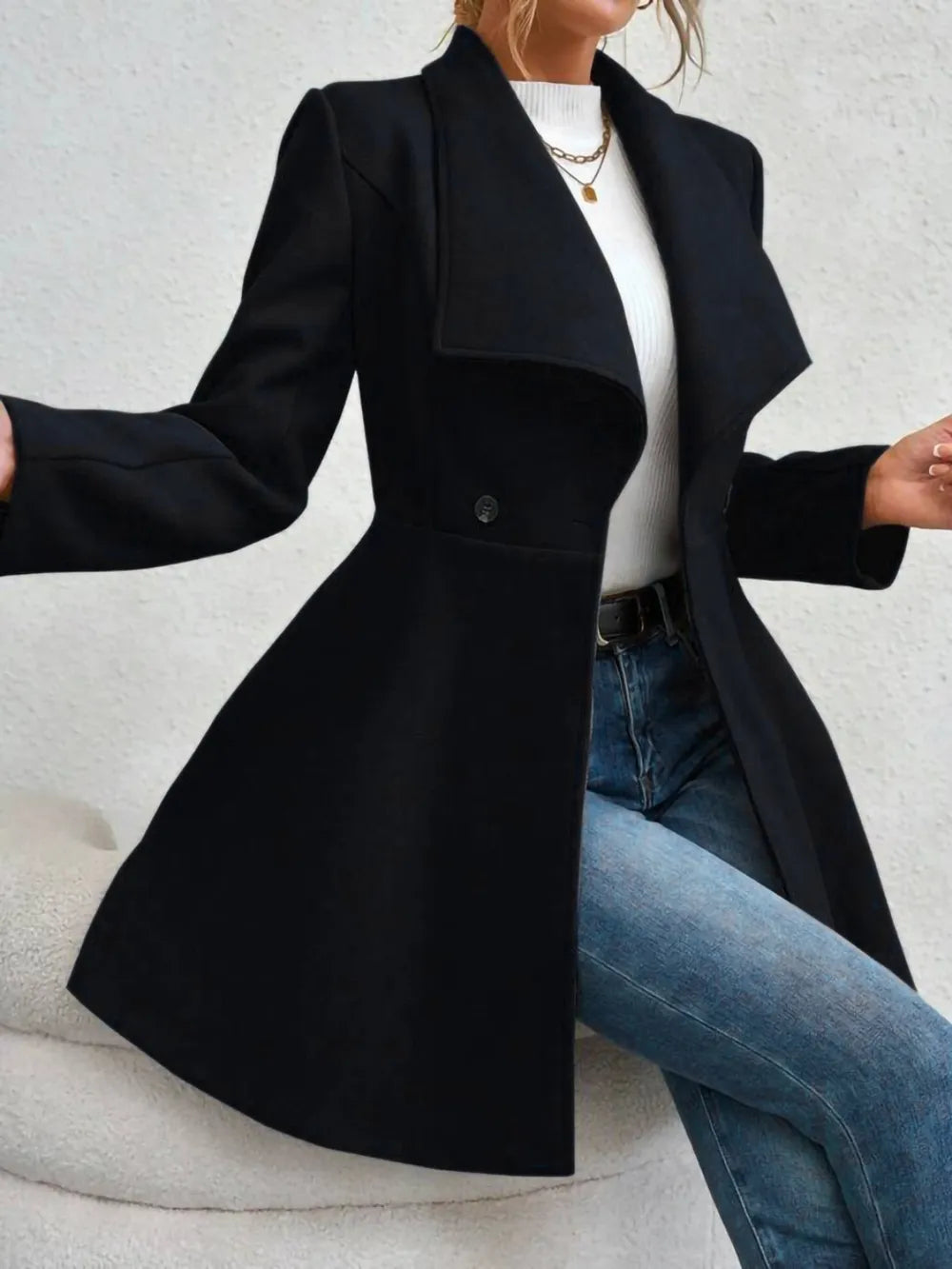 Collared Neck Button Up Long Sleeve Coat (8)