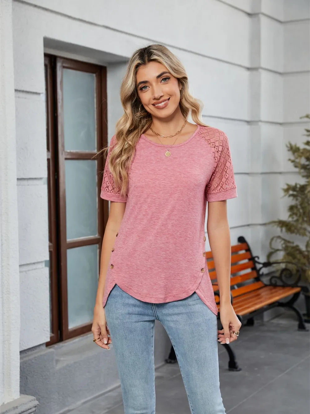 Round Neck Lace Short Sleeve T-shirt (7)