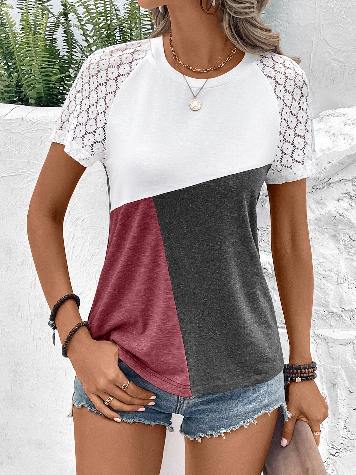 Block Raglan Sleeve Round Neck Tee (14)