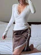 Lace-trimmed Long Sleeves Wrap Blouse (17)