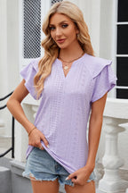 Eyelet Notched Flutter Sleeve T-shirt