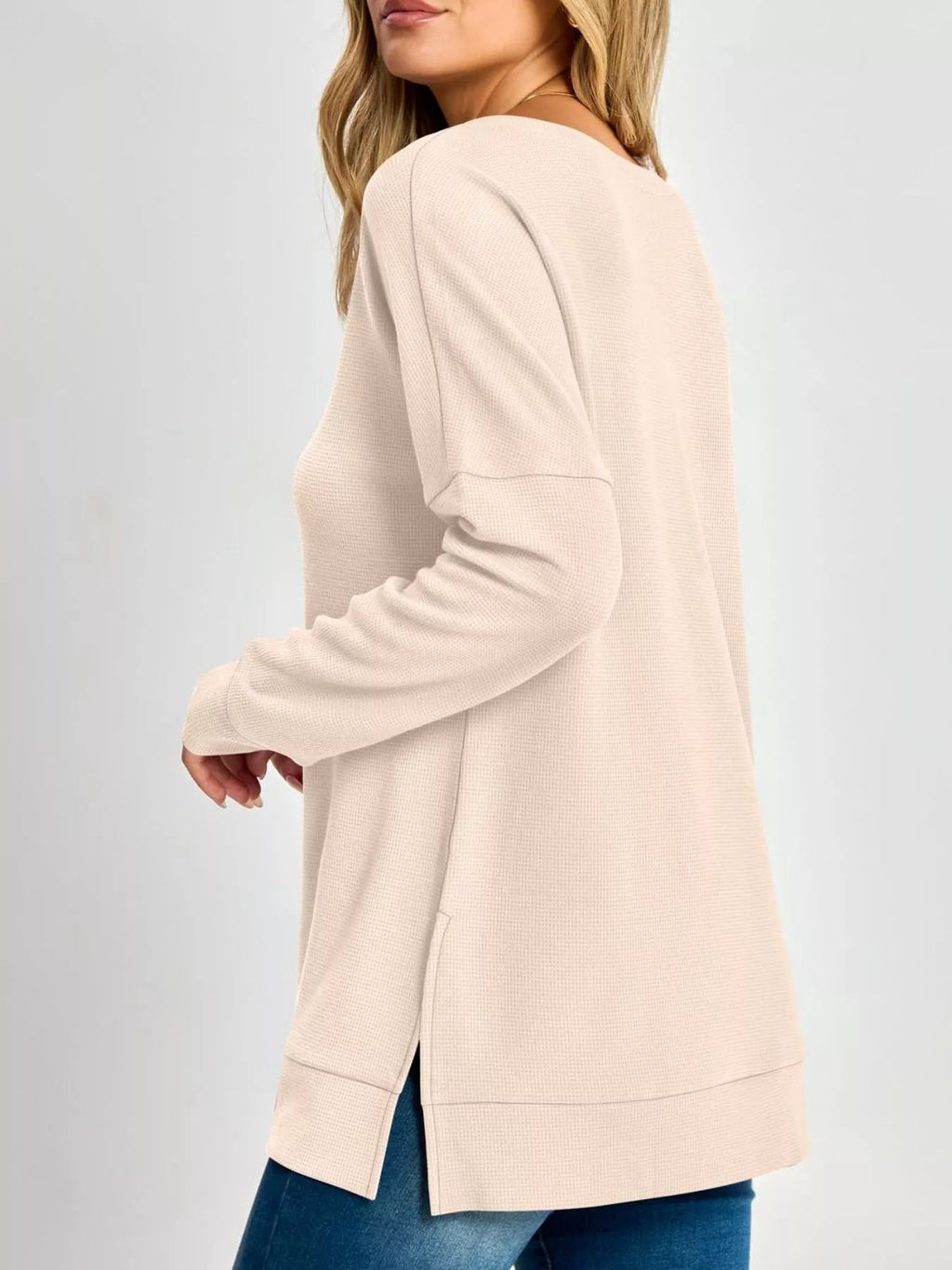 Side Slit Waffle Knit V-neck T-shirt (6)