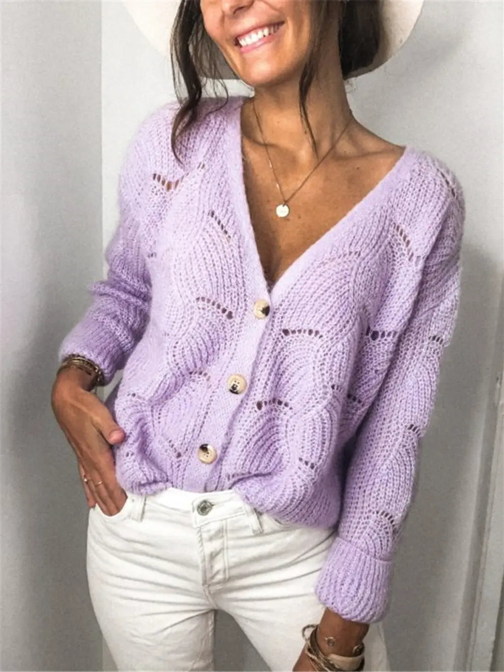 Openwork Button Up Long Sleeve Cardigan (8)