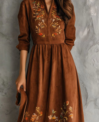 Vintage Brown Floral Embroidered Suede Midi Dress photo 2