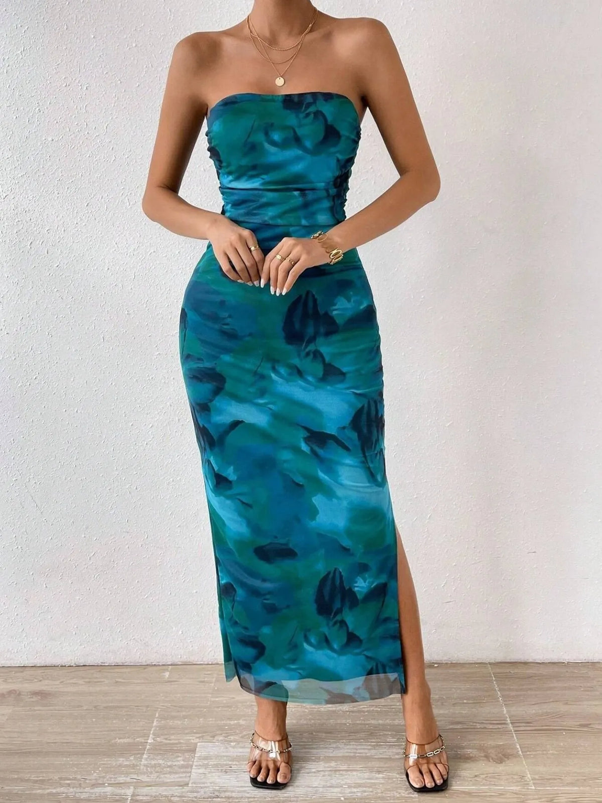 Printed Side Slit Tube Dress (2)