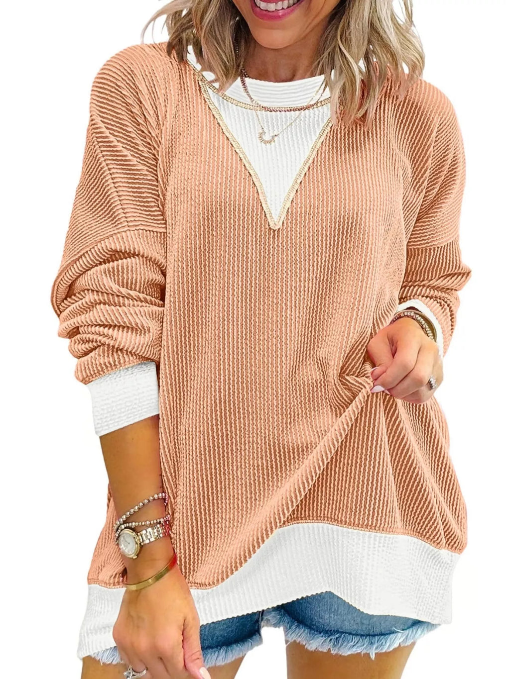 Two-tone Ribbed Knit Sweatshirt (4)