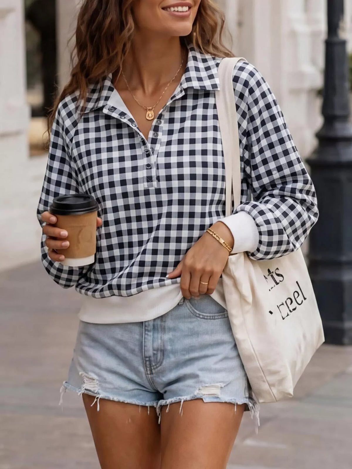 Gingham Plaid Collared Sweatshirt Ribbed Hem (2)