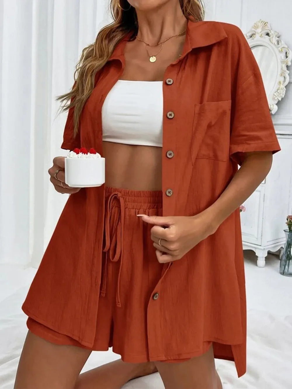 Button Up Shirt Drawstring Shorts Set (17)
