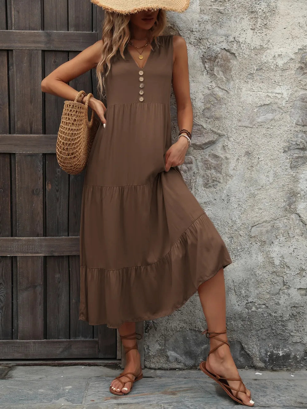 Decorative Button Notched Sleeveless Dress (17)