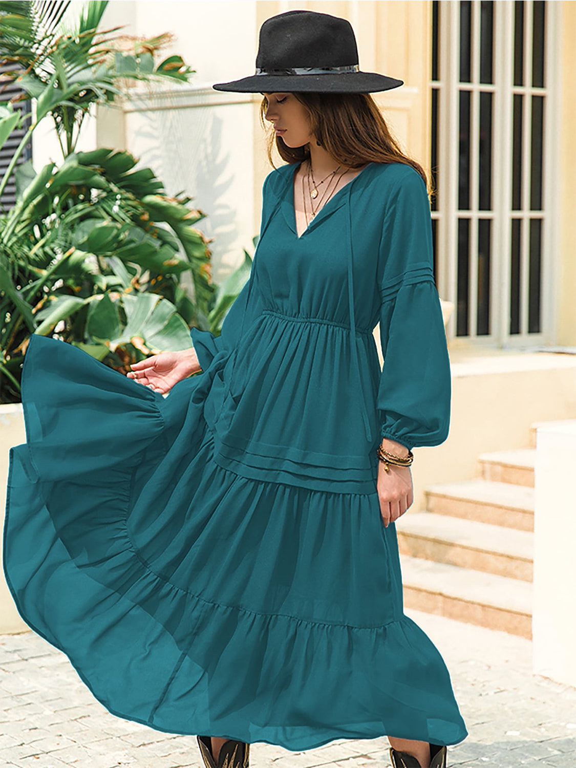 Tie Neck Long Sleeve Midi Tiered Dress (30)