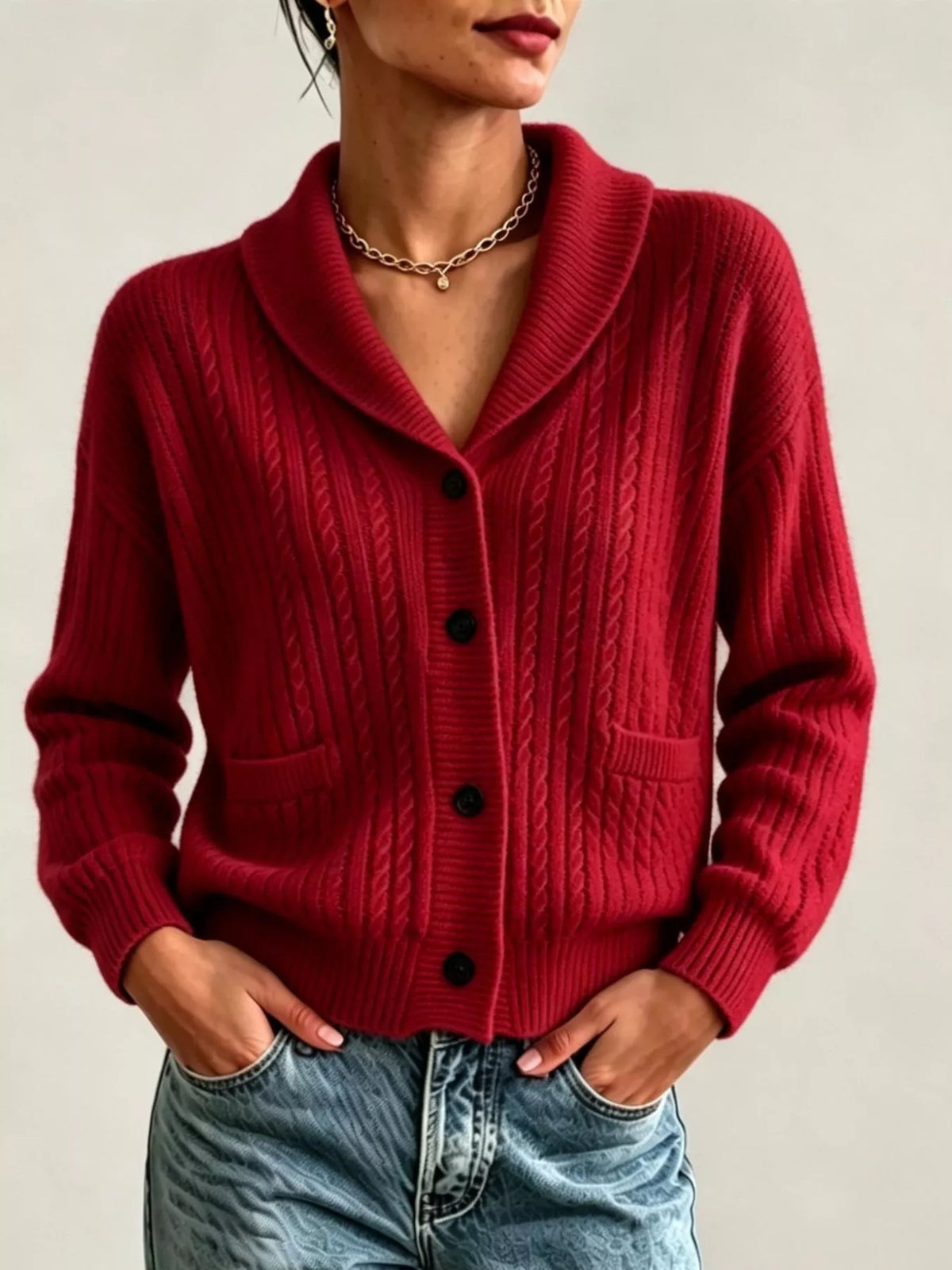 Full Size Shawl Collar Cable Knit Cardigan Plus (3)