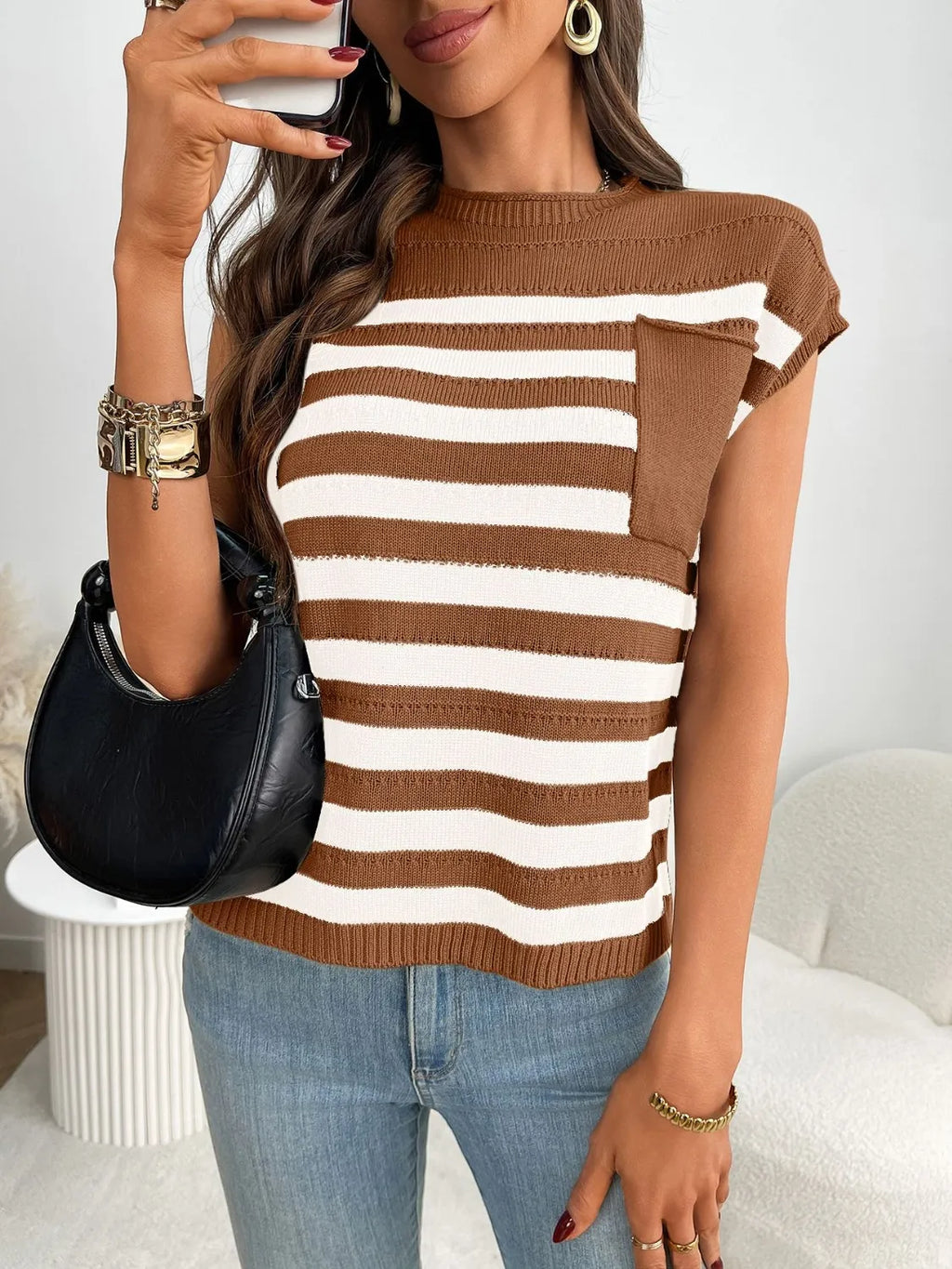 Striped Mock Neck Cap Sleeve Knit Top (2)
