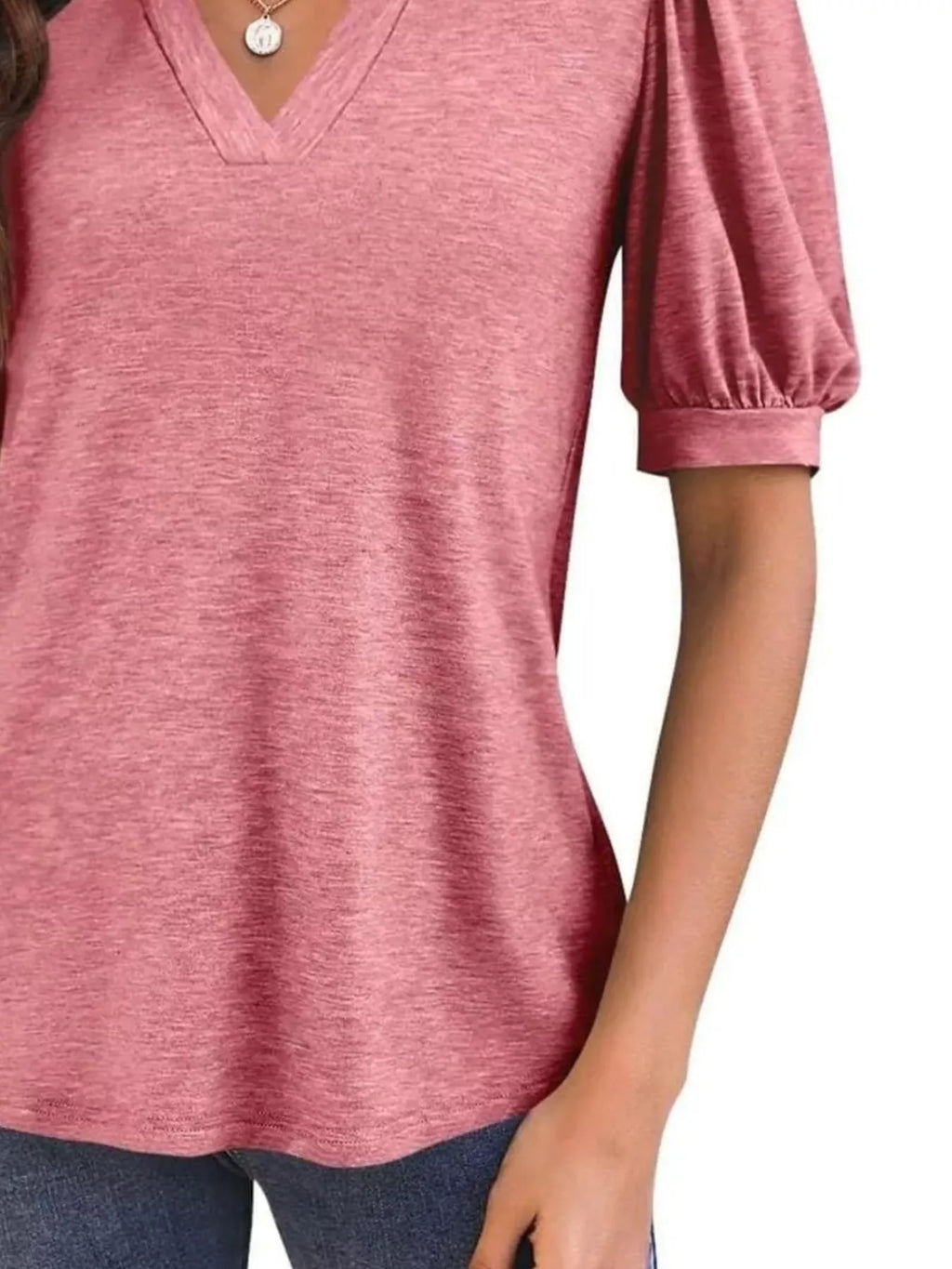 Puff Sleeve Notched Casual T-shirt (18)